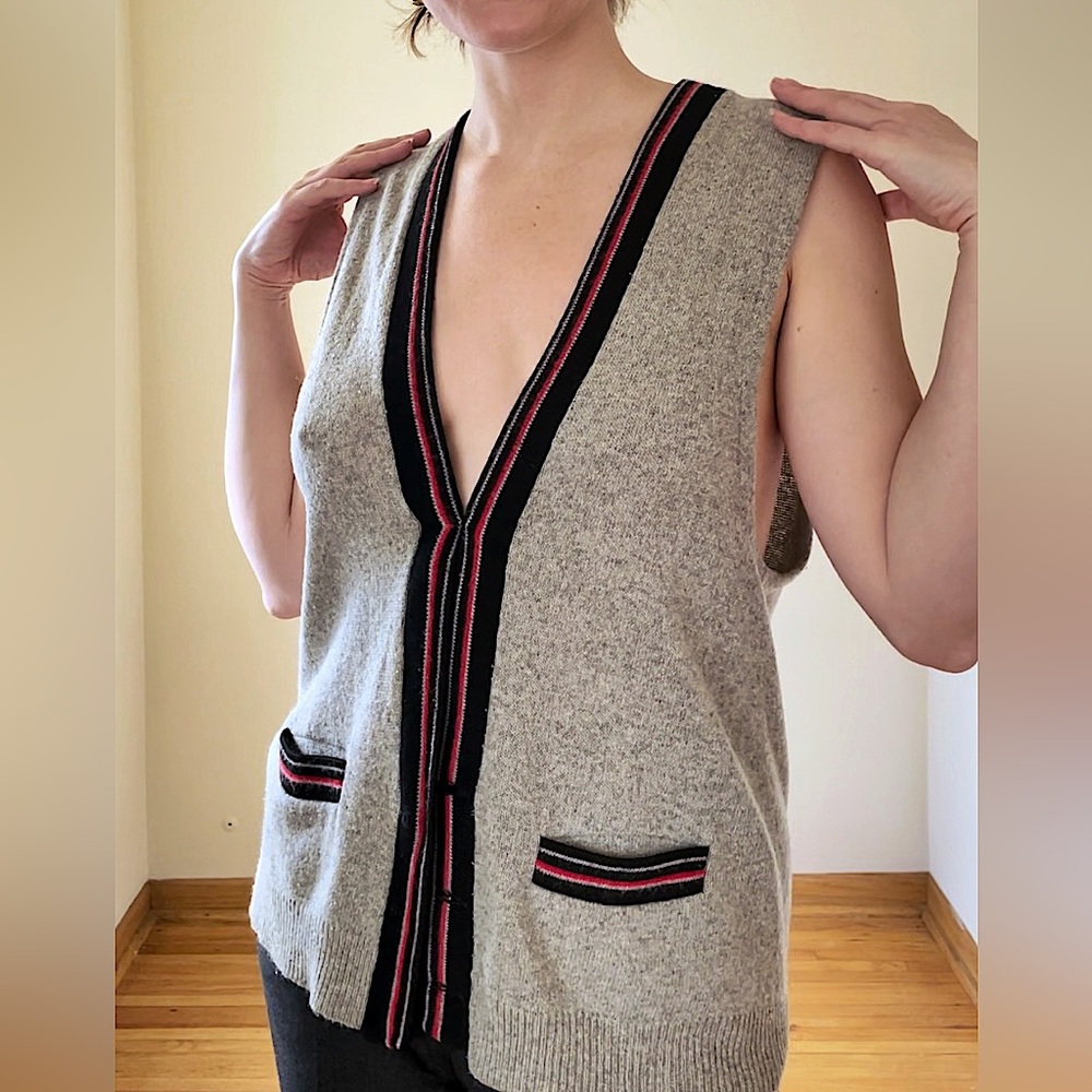 Vintage Puritan Mens grey sweater Vest with black and red stripe detailing
